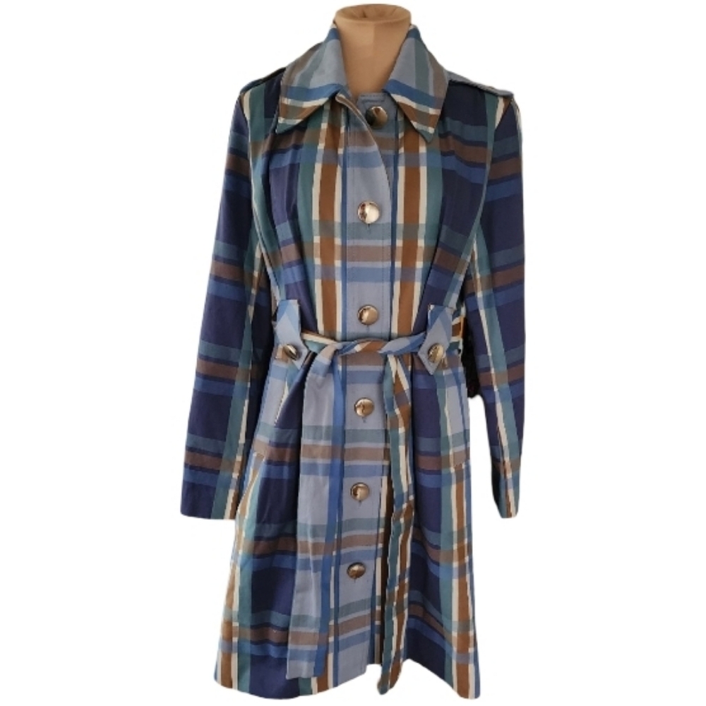 Cabi Highclere Plaid Cotton Trench Coat Gold‎ Button Belted Medium Jacket NWOT